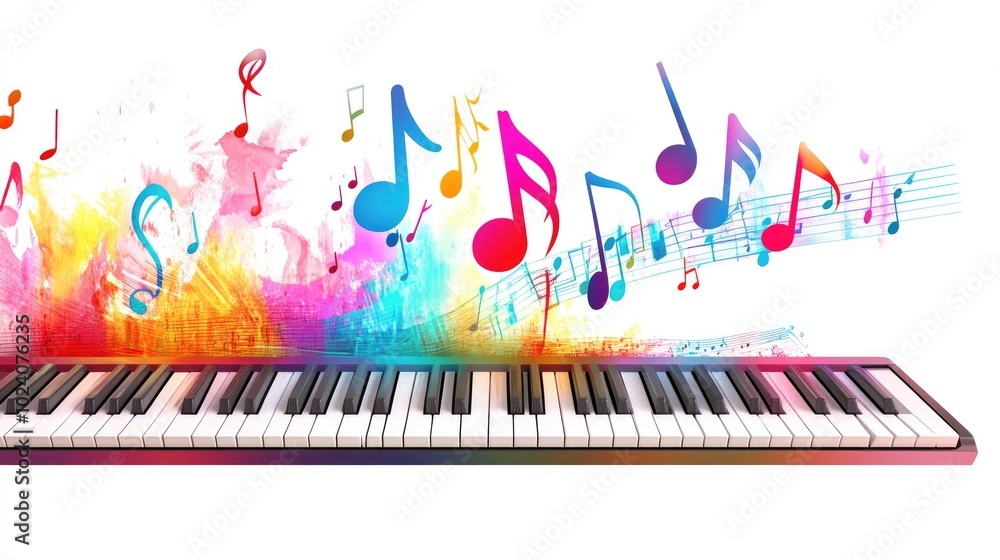 Poster a keyboard with colorful notes drifting above the keys, isolated on a white background with transpar