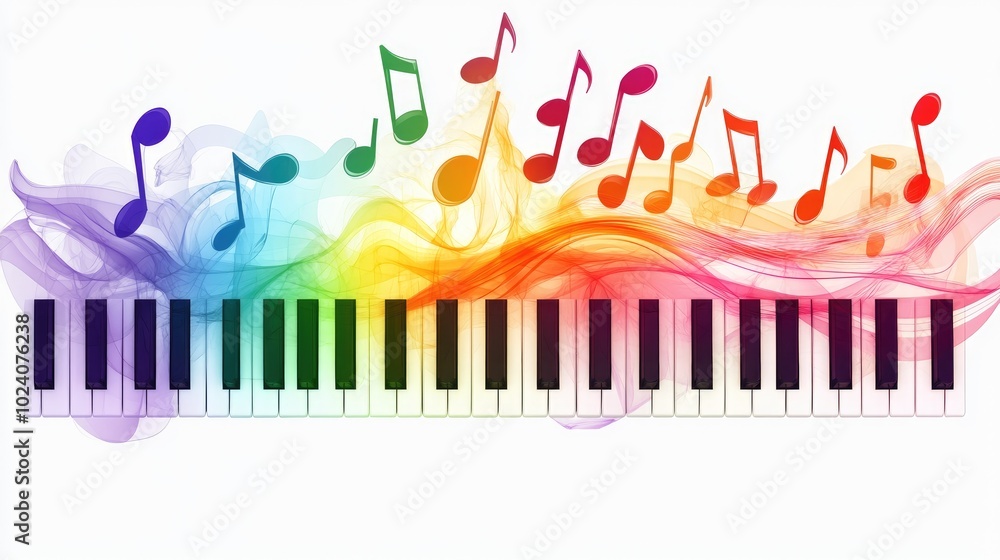 Poster a keyboard with colorful notes drifting above the keys, isolated on a white background with transpar