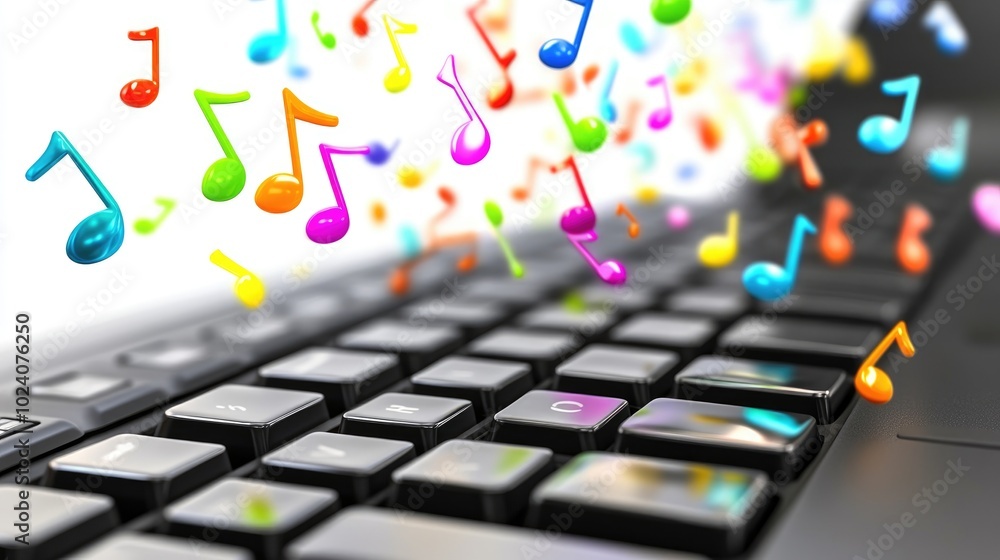 Poster a keyboard with colorful notes drifting above the keys, isolated on a white background with transpar