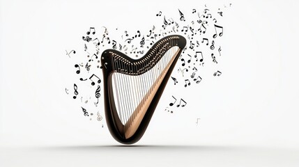 A harp with floating musical notes rising elegantly from its strings, isolated on a white background for a PNG format.