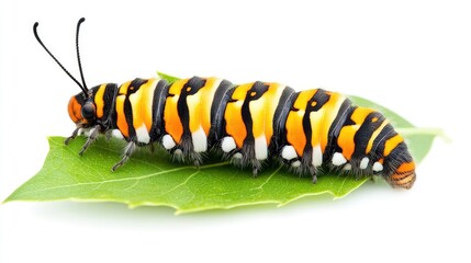 Naklejka premium A plump caterpillar sits atop a green leaf, set against a white background, ready for use in PNG transparency designs.