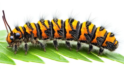 Fototapeta premium A plump caterpillar sits atop a green leaf, set against a white background, ready for use in PNG transparency designs.