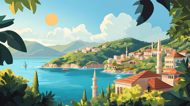 Serene turkish landscape featuring giresun island, surrounded by turquoise waters, with lush green forests and ancient ruins, under a warm sunny sky. Ottoman Bazaar. Illustration