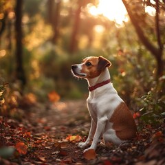 A small, brown and white dog sits on a path in a forest, looking up at the golden sunset.