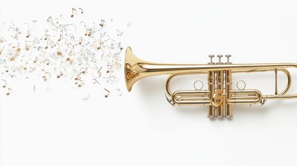 Obraz premium A trumpet with musical notes swirling from its bell, framed against a clean white background for transparent PNG use.