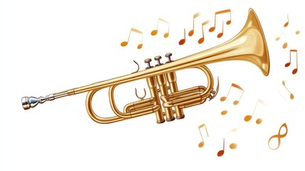 Obraz premium A trumpet with musical notes swirling from its bell, framed against a clean white background for transparent PNG use.