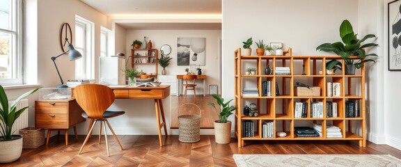 Scandinavian decor with a wooden desk, bamboo bookstand, plants, and carpet. Open living space. AI generate.