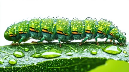 A vibrant green caterpillar sits atop a dewy leaf, isolated on a white transparent background for PNG use.