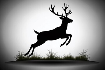 Obraz premium Black Silhouette of a Majestic Deer Jumping with Big Horns Isolated on White Background for Wildlife and Nature