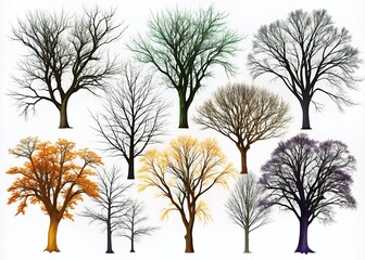 Black Silhouette of Bare Trees on White Background - Vector Illustration of Dry, Leafless Trees for Nature Designs