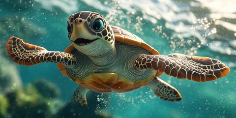 Fototapeta premium Playful 3D sea turtle cartoon gliding through the water, 