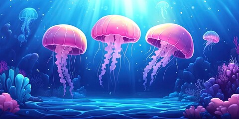 Fototapeta premium Playful jellyfish cartoon gliding through the water, 