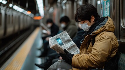  man in a mask reads a newspaper on a subway train during his commute, reflecting the quiet moments of city life in a pandemic era, surrounded by other passengers wearing masks
