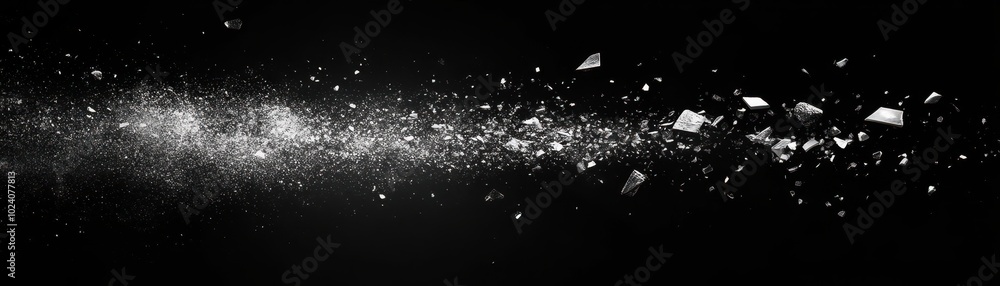 Poster white and silver shards exploding and scattering on black background