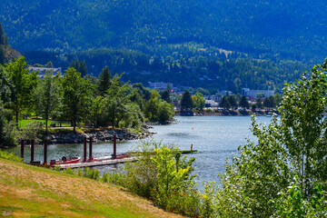 Floating pontoon in the Rotary Lakeside Park along the shores of the west arm of the Kootenay Lake...