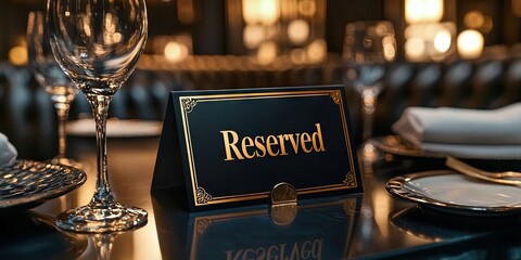 Small black "Reserved" card text sign on a dinner setting on a table in luxury restaurant interior.