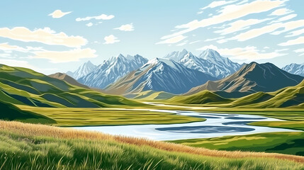 Summer scenery of qilian mountains with eco-friendly grasslands. Tibetan Plateau. Illustration