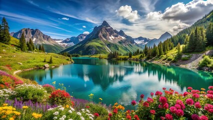 Breathtaking Mountain Landscape with Clear Lake, Vibrant Flowers, Lush Greenery, and Bright Blue Sky for Nature Lovers