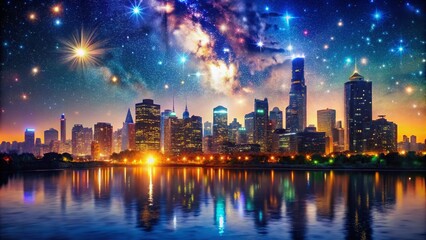 Fototapeta premium Breathtaking Nightview of a City Skyline Illuminated by Twinkling Lights and Starry Sky for Stunning Visuals and