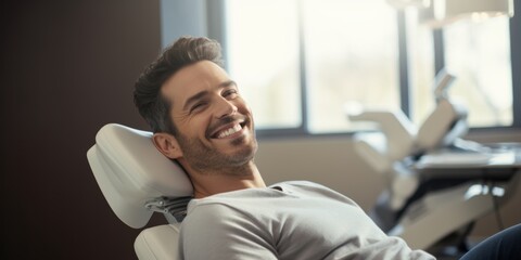 A man is comfortably sitting in a dental chair while smiling brightly as he feels relaxed and at ease during the appointment