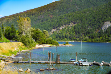Floating pontoon in the Rotary Lakeside Park along the shores of the west arm of the Kootenay Lake...