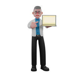 Male Physicist in Research. A male physicist stands holding a laptop with his right hand and pointing at the laptop with his left hand. 3D Science Experiment Scene
