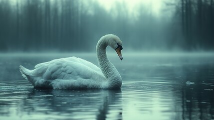 Fototapeta premium Elegant Swan in Misty Lake: A Serene Nature Scene