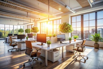Fototapeta premium Bright and Spacious Modern Office Room Bathed in Sunlight with Contemporary Interior Design and Ample Workspace for