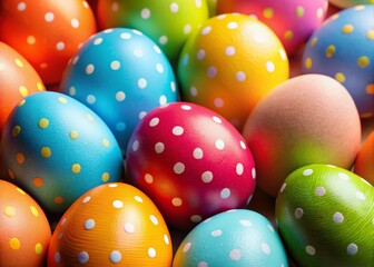 Fototapeta premium Bright Colorful Easter Eggs Set - Pink, Blue, Green, Orange, Yellow with Dots for Spring Celebrations and Easter