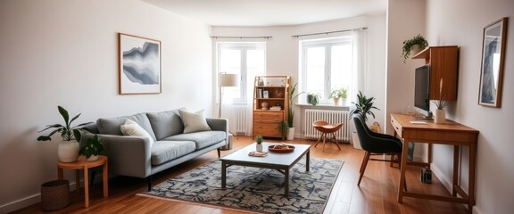Scandinavian living room with gray sofa, plants, bamboo bookstand, and wooden desk. Bright space. AI generate.