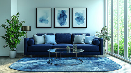 Living room interior in blue tones