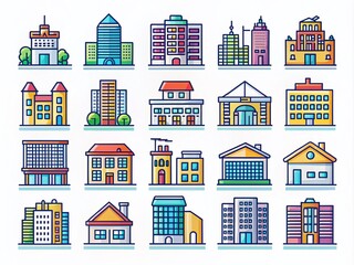 Building and Real Estate Vector Line Icons for Modern Design Projects and Digital Applications in Architecture and