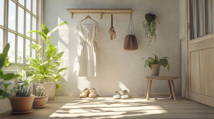Minimalist Interior Design with White Dress Hanging in Entryway with Sun Light
