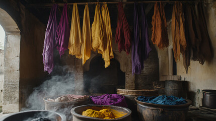Traditional Dyeing Workshop with Colorful Fabrics and Steam in an Ancient Building