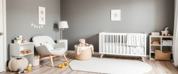 Baby room with toys, chair, basket, and teddy bear. Gray walls with stars. AI generate.