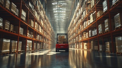 Fototapeta premium Modern warehouse with orange metal shelving filled with boxes and a red forklift transporting cardboard boxes through a glossy aisle