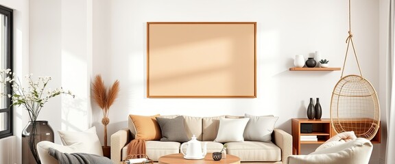 Boho living room with brown poster frame, flowers, and hanging rattan hut. Minimalistic decor. AI generate.