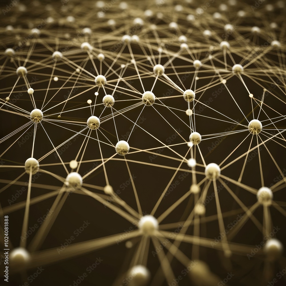 Poster interconnected golden spheres and lines representing a complex network system