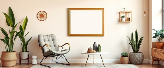 Retro living room with vintage chair, cacti, and gold poster frame. Beige walls. AI generate.
