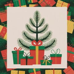 Mid-century modern Christmas illustration featuring a stylized geometric pine tree surrounded by colorful seasonal gift boxes and a festive holiday border.