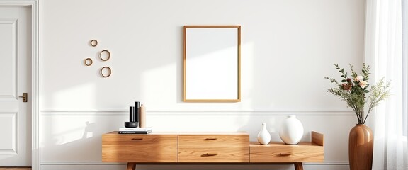 Scandinavian living room with wooden console, rings on the wall, and flowers in vase. AI generate.