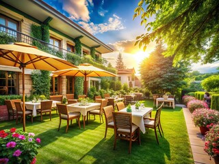 Fototapeta premium Charming Restaurant with Summer Terrace and Lush Green Lawn on a Sunny Day, Perfect for Outdoor Dining and