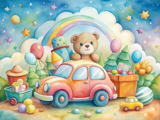 Obraz premium Charming watercolor car illustration featuring a cute cartoon vehicle in vibrant colors, perfect for kids' art and design projects. A delightful