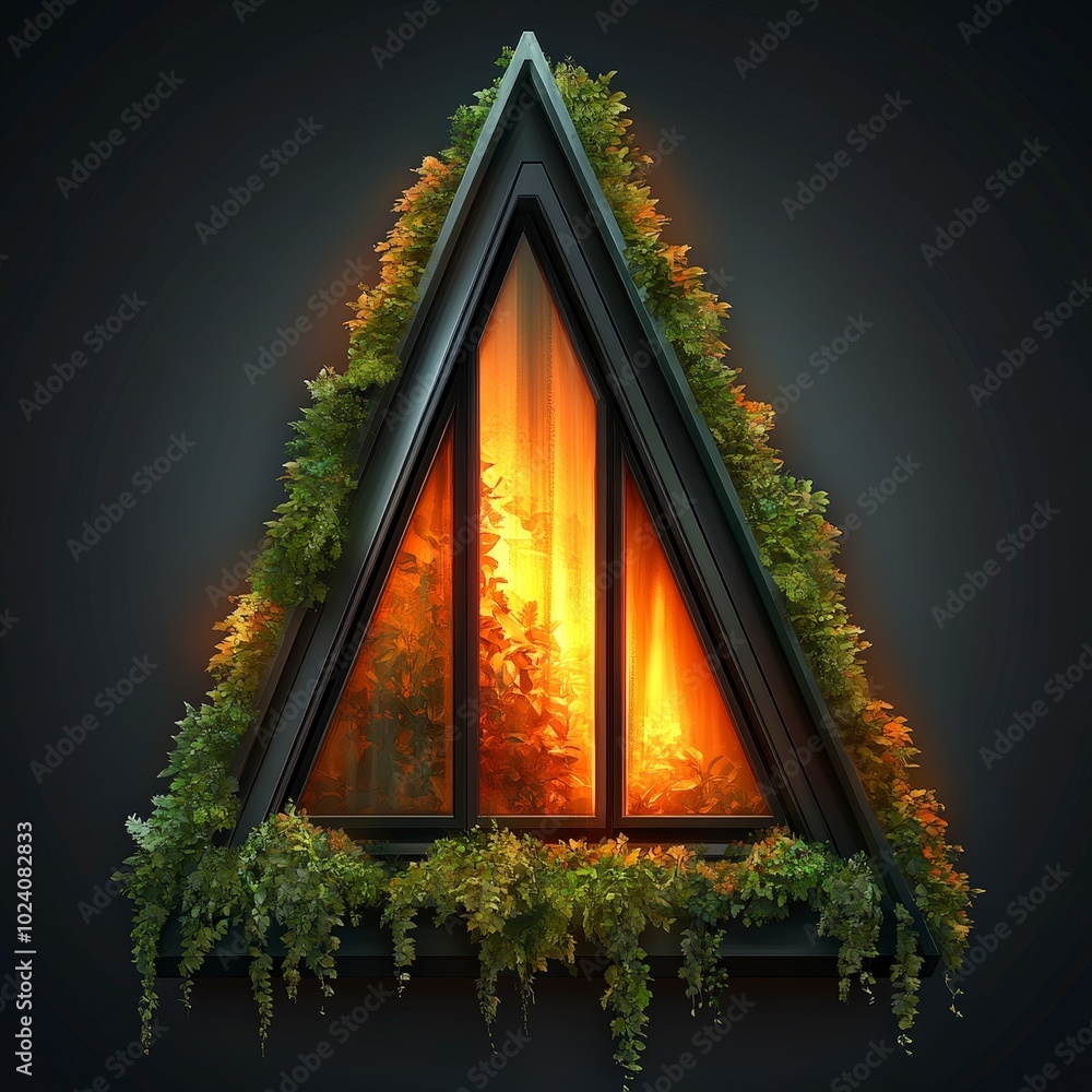 Poster triangular window with lush greenery and warm glowing light inside