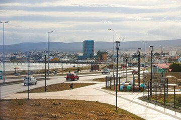 Coastal road by the Strait of Magellan in Punta Arenas, the southernmost town in Chile, South America