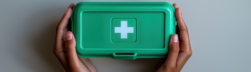 Obraz premium Hands Holding a Green First Aid Kit Close Up
