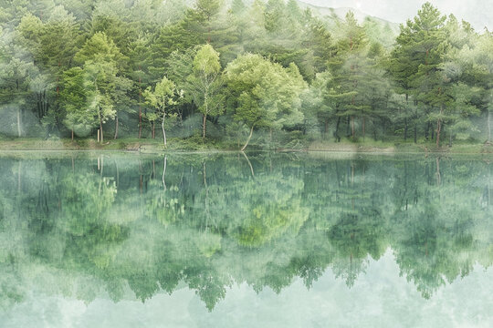 Reflection of Trees on a Clear Lake Surface &ndash; Soft Watercolor Tones Capturing the Harmony of Nature, Evoking Tranquility and Serenity in a Beautiful Landscape