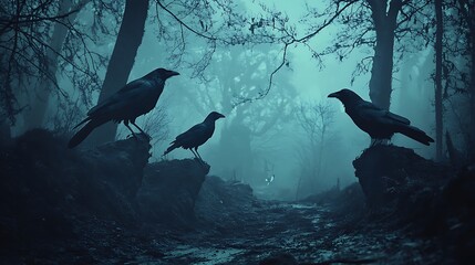 Three Ravens in a Foggy Forest