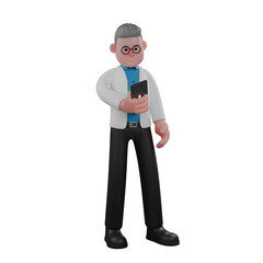 Animated Male Physicist. A male physicist stands holding a cellphone in his left hand. 3D Experimental Scientist