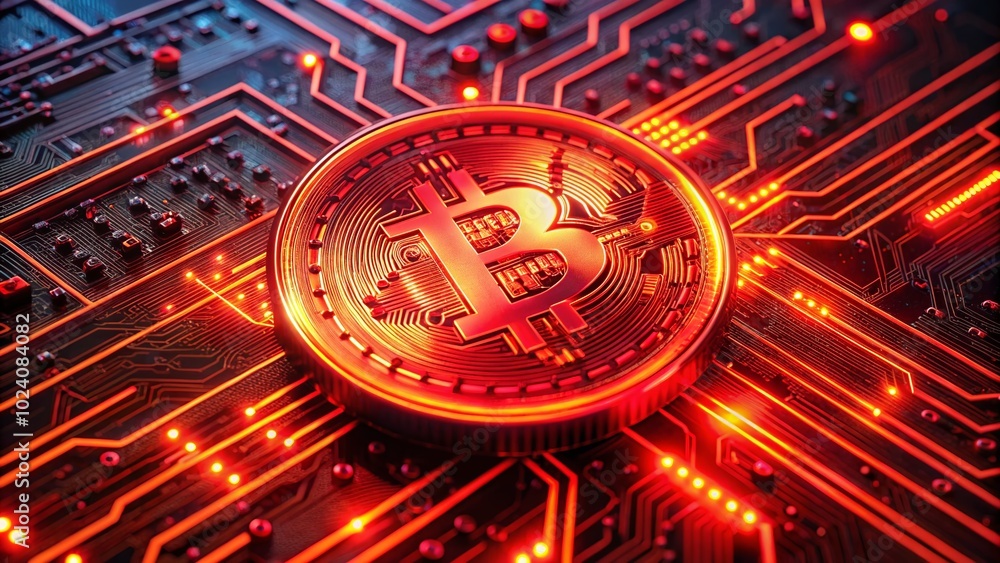 Poster close-up of a glowing red bitcoin symbol on a circuit board, showcasing the intricate connections of